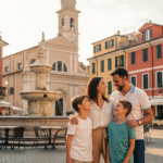Famiglia felice di espatriati in una colorata piazza italiana, con fontana e architettura storica, simboleggiando la gioia di vivere legalmente in Italia e l'integrazione culturale con Visto per Ricongiungimento Familiare.