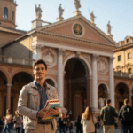 Studente straniero in Italia davanti a un edificio storico, informandosi su visti, residenza e burocrazia italiana per studiare e lavorare legalmente nel Paese.