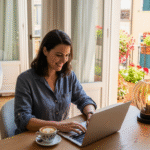 Donna freelance sorridente lavora al laptop da casa con vista su balcone fiorito italiano, simboleggiando libertà e successo con il visto per lavoro autonomo.